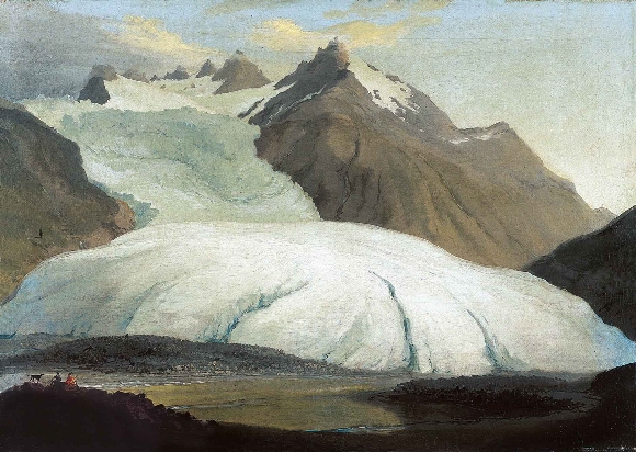 Der Rhonegletscher von der Talsohle bei Gletsch gesehen