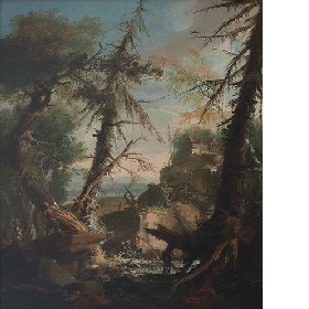 Romantische Waldlandschaft mit drei Figuren, die eine Felszunge besteigen