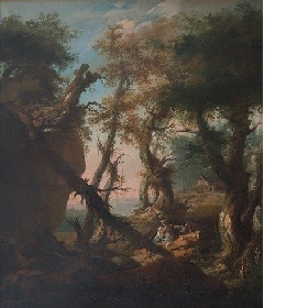 Romantische Waldlandschaft mit Liebespaar auf einer Felsbank